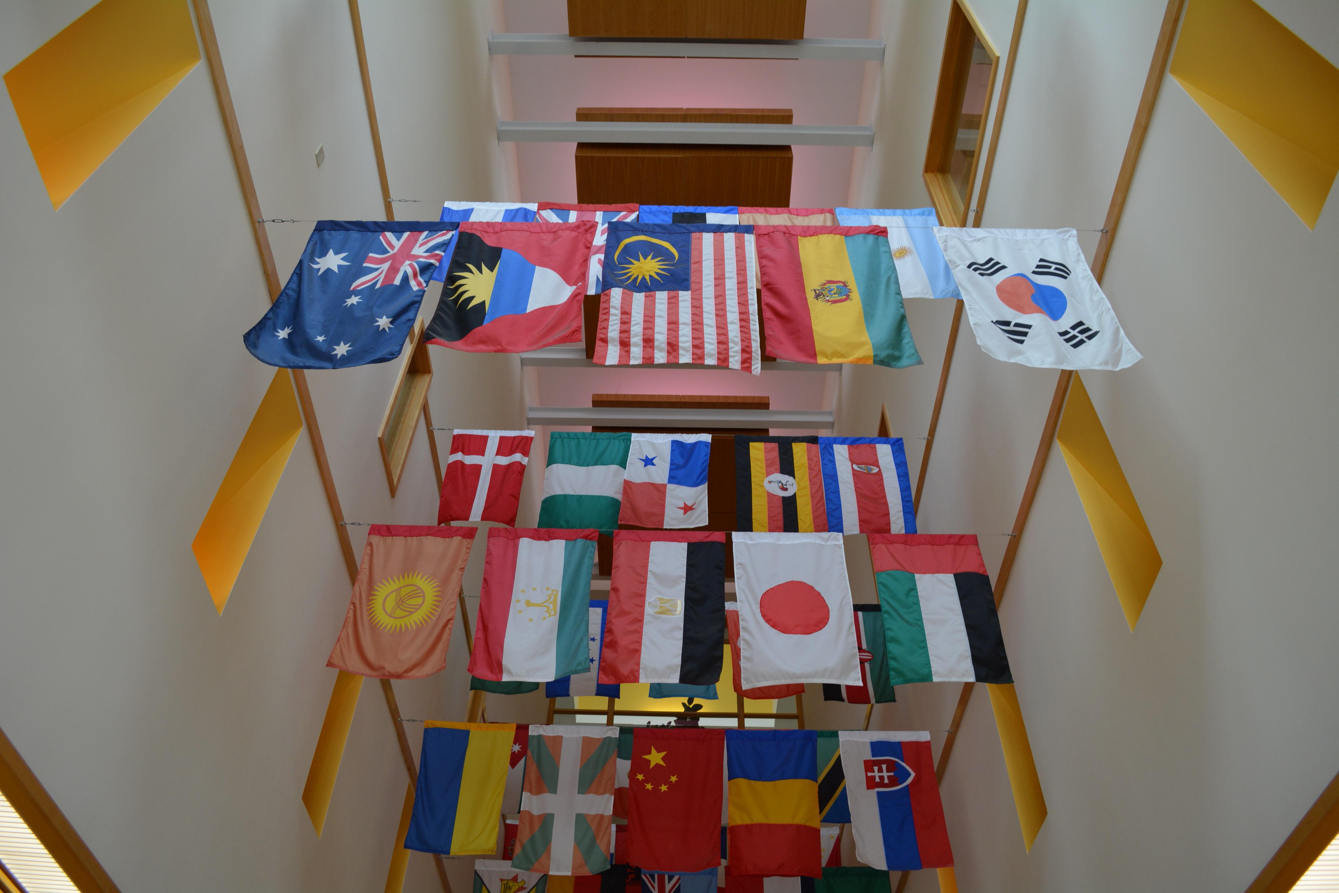 走廊上悬挂着世界国旗